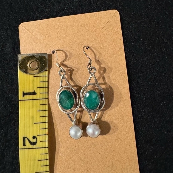 green Apatite and Pearl Earrings Sterling Silver 925 Vintage Style New - Picture 5 of 5